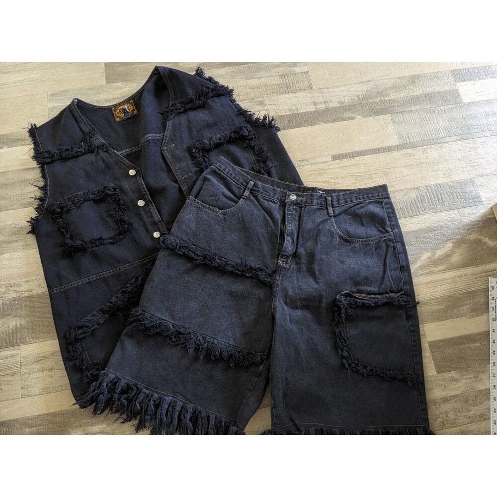 Y2K 90's Baggy Black Vest And Shorts Set Rock Size XL  Black Street Wear 80's